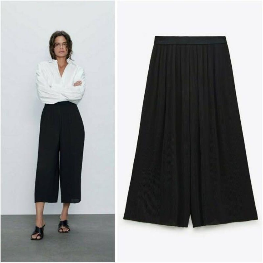 Zara EUC Pleated Black Elastic Waistband Culottes Pants Trousers Size XS
